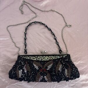 Vintage Beaded‎ Clutch Butterfly Evening Purse Silvertone Black Purple Sequins